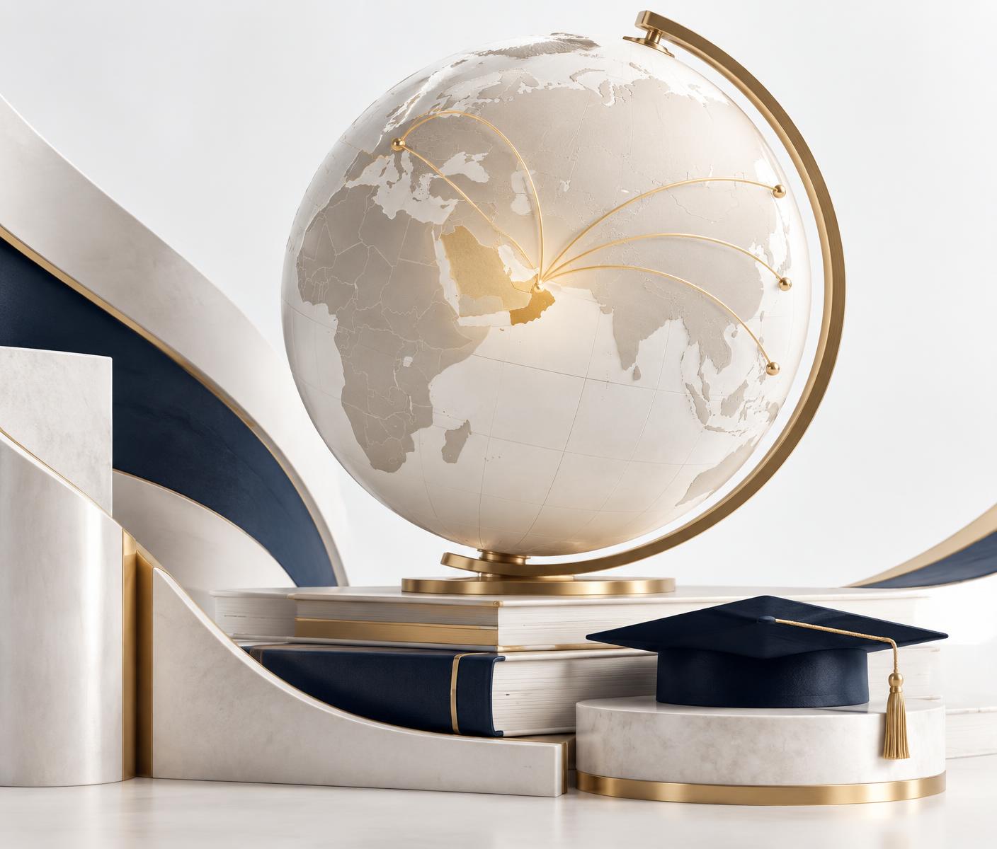 A globe with international study routes, books and a graduation cap
